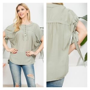 EASEL Sage Button Detail Short Sleeve top small and medium
